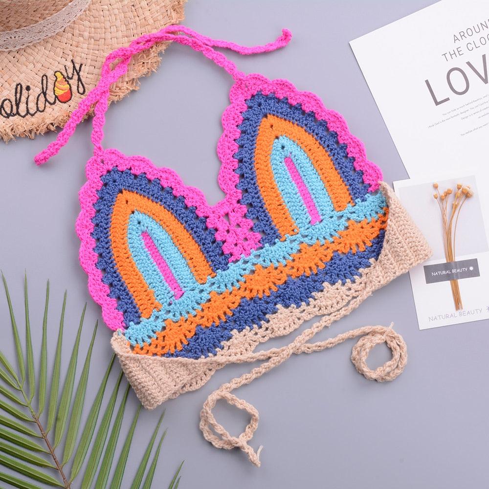 Ensembles de bikinis au crochet multicolores en maille à rayures arc-en-ciel, haut et bas de bikini, ensemble de bikini en crochet à rayures et laçage, short, 2 pièces, maillot de bain, vêtements de plage pour femmes