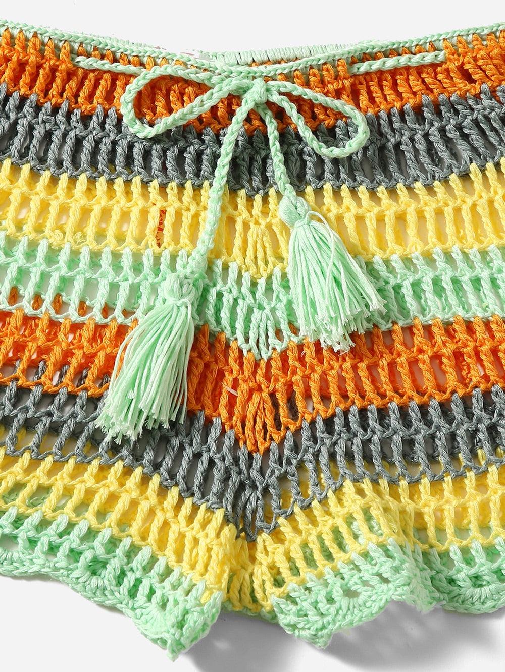 Ensembles de bikinis au crochet multicolores en maille à rayures arc-en-ciel, haut et bas de bikini, ensemble de bikini en crochet à rayures et laçage, short, 2 pièces, maillot de bain, vêtements de plage pour femmes