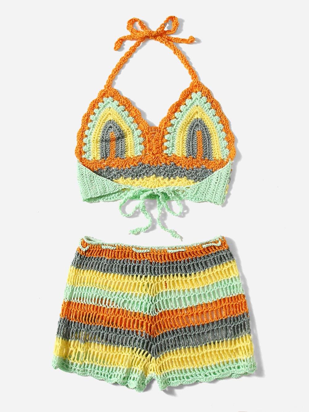 Ensembles de bikinis au crochet multicolores en maille à rayures arc-en-ciel, haut et bas de bikini, ensemble de bikini en crochet à rayures et laçage, short, 2 pièces, maillot de bain, vêtements de plage pour femmes