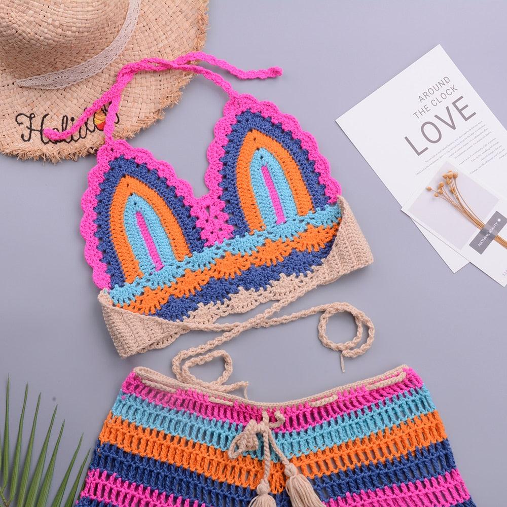Ensembles de bikinis au crochet multicolores en maille à rayures arc-en-ciel, haut et bas de bikini, ensemble de bikini en crochet à rayures et laçage, short, 2 pièces, maillot de bain, vêtements de plage pour femmes