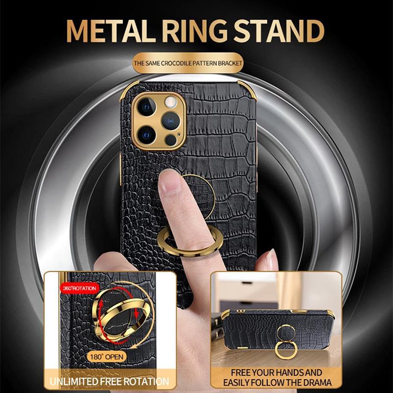 Étui en cuir de crocodile pour iPhone 13 12 Mini antichoc support magnétique à anneau coque de téléphone ultra-mince en cuir de crocodile souple pare-chocs antichoc avec support à anneau housse de protection pour iPhone