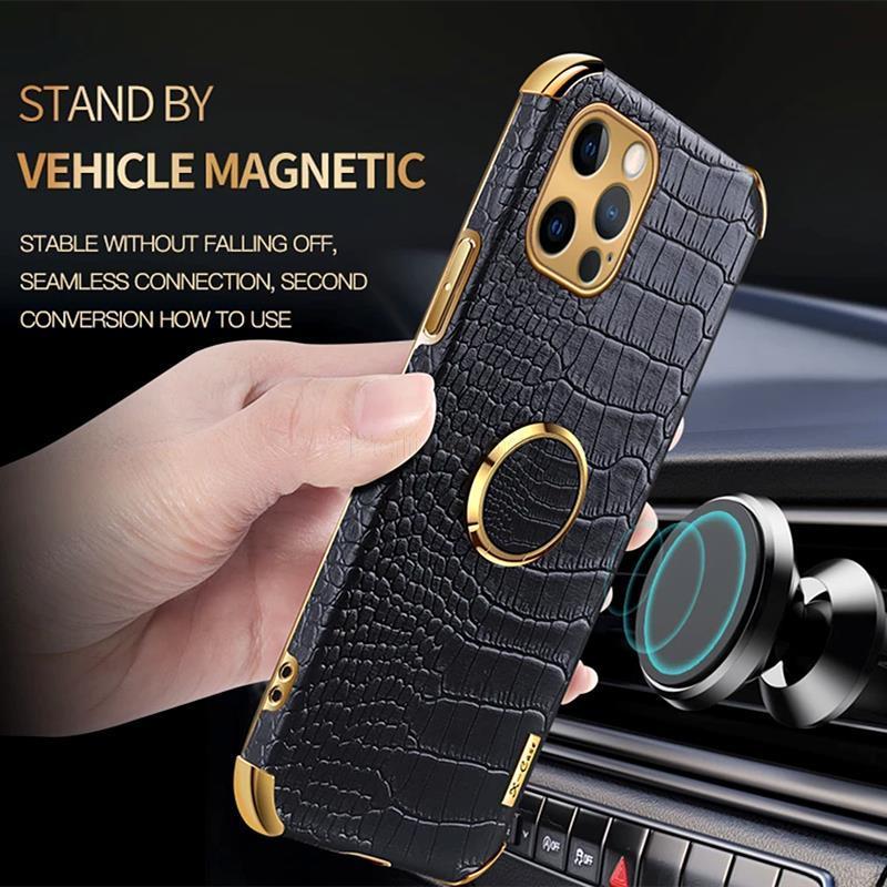 Étui en cuir de crocodile pour iPhone 13 12 Mini antichoc support magnétique à anneau coque de téléphone ultra-mince en cuir de crocodile souple pare-chocs antichoc avec support à anneau housse de protection pour iPhone