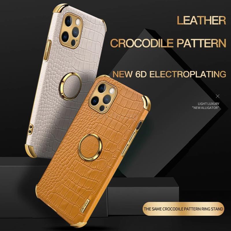 Étui en cuir de crocodile pour iPhone 13 12 Mini antichoc support magnétique à anneau coque de téléphone ultra-mince en cuir de crocodile souple pare-chocs antichoc avec support à anneau housse de protection pour iPhone