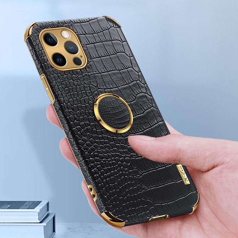 Étui en cuir de crocodile pour iPhone 13 12 Mini antichoc support magnétique à anneau coque de téléphone ultra-mince en cuir de crocodile souple pare-chocs antichoc avec support à anneau housse de protection pour iPhone