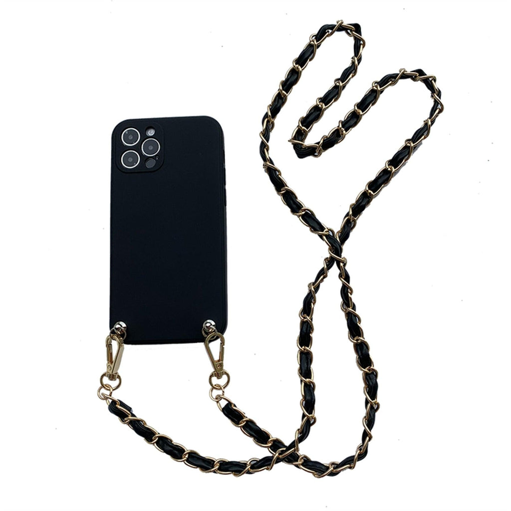 Coque de téléphone collier bandoulière pour Xiaomi Redmi Note 11 10 9 Pro 11s 10s 9T Mi 11T 10T Bracelet en cuir avec chaîne Housse de protection Coque de téléphone bandoulière en cuir noir avec chaîne dorée Design unique Coque de téléphone en cuir