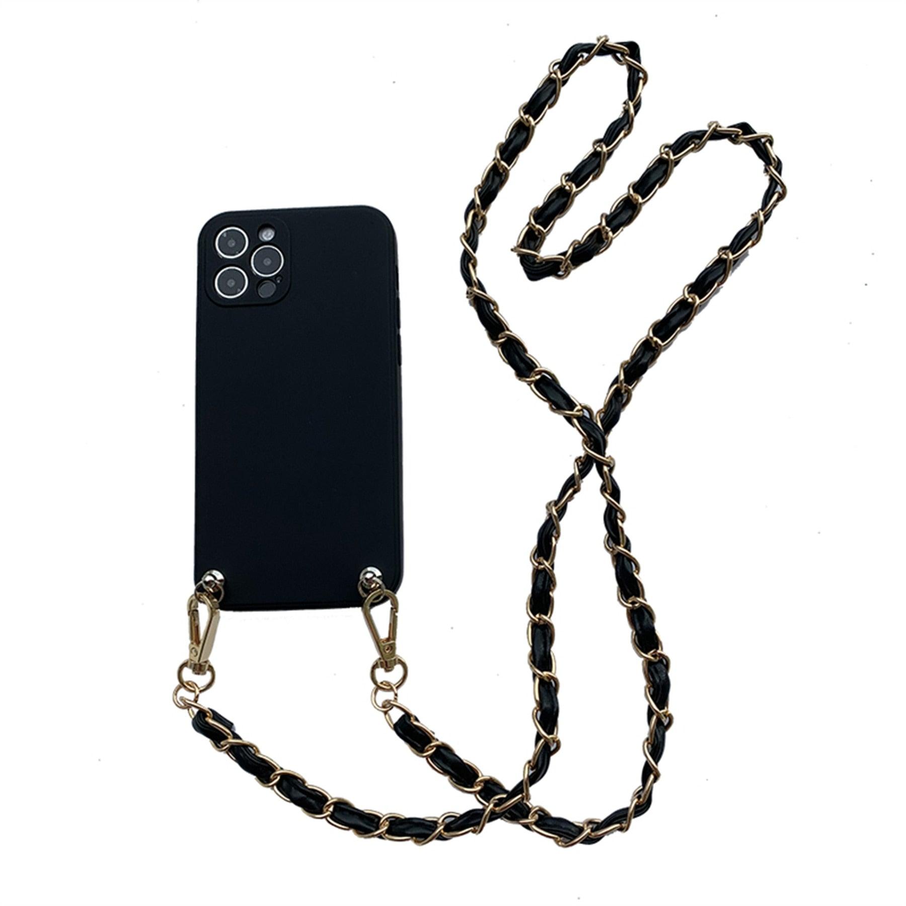 Coque de téléphone collier bandoulière pour Xiaomi Redmi Note 11 10 9 Pro 11s 10s 9T Mi 11T 10T Bracelet en cuir avec chaîne Housse de protection Coque de téléphone bandoulière en cuir noir avec chaîne dorée Design unique Coque de téléphone en cuir