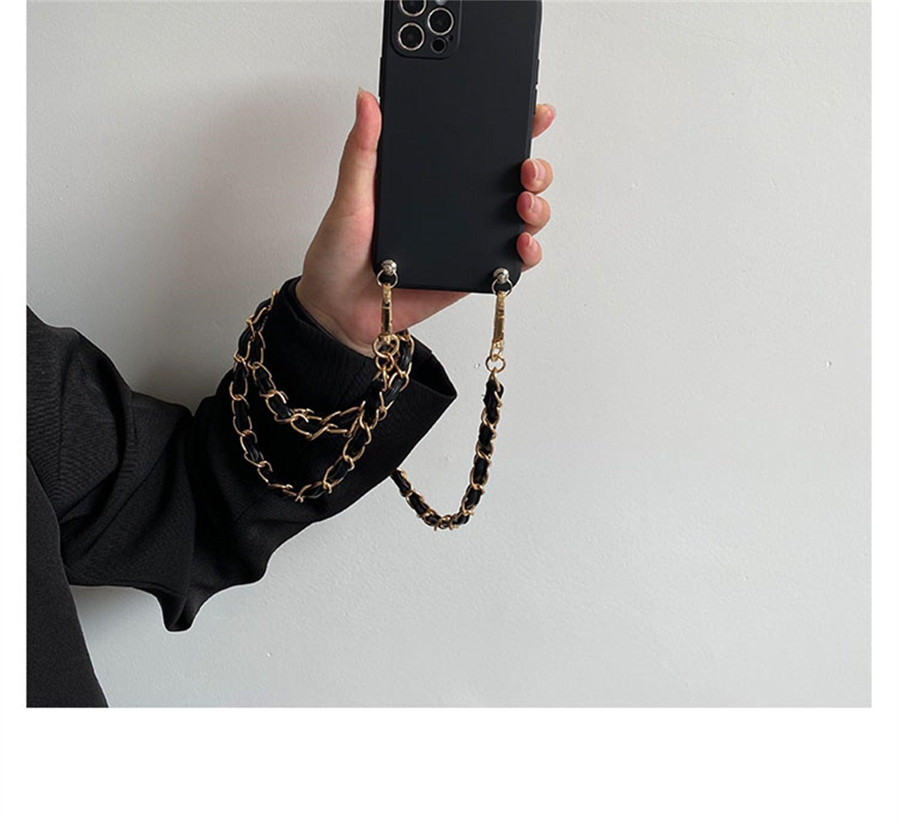 Coque de téléphone collier bandoulière pour Xiaomi Redmi Note 11 10 9 Pro 11s 10s 9T Mi 11T 10T Bracelet en cuir avec chaîne Housse de protection Coque de téléphone bandoulière en cuir noir avec chaîne dorée Design unique Coque de téléphone en cuir