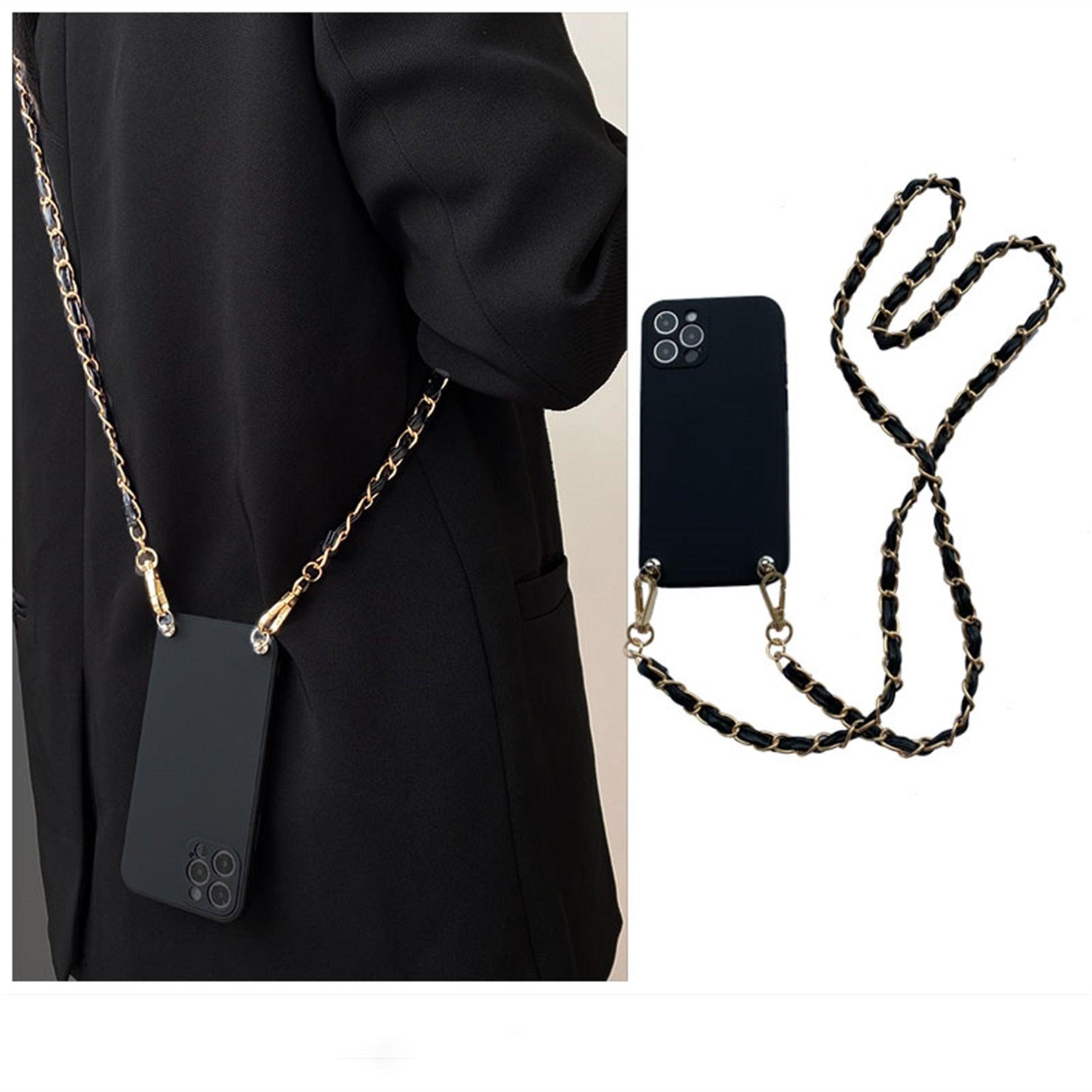 Coque de téléphone collier bandoulière pour Xiaomi Redmi Note 11 10 9 Pro 11s 10s 9T Mi 11T 10T Bracelet en cuir avec chaîne Housse de protection Coque de téléphone bandoulière en cuir noir avec chaîne dorée Design unique Coque de téléphone en cuir