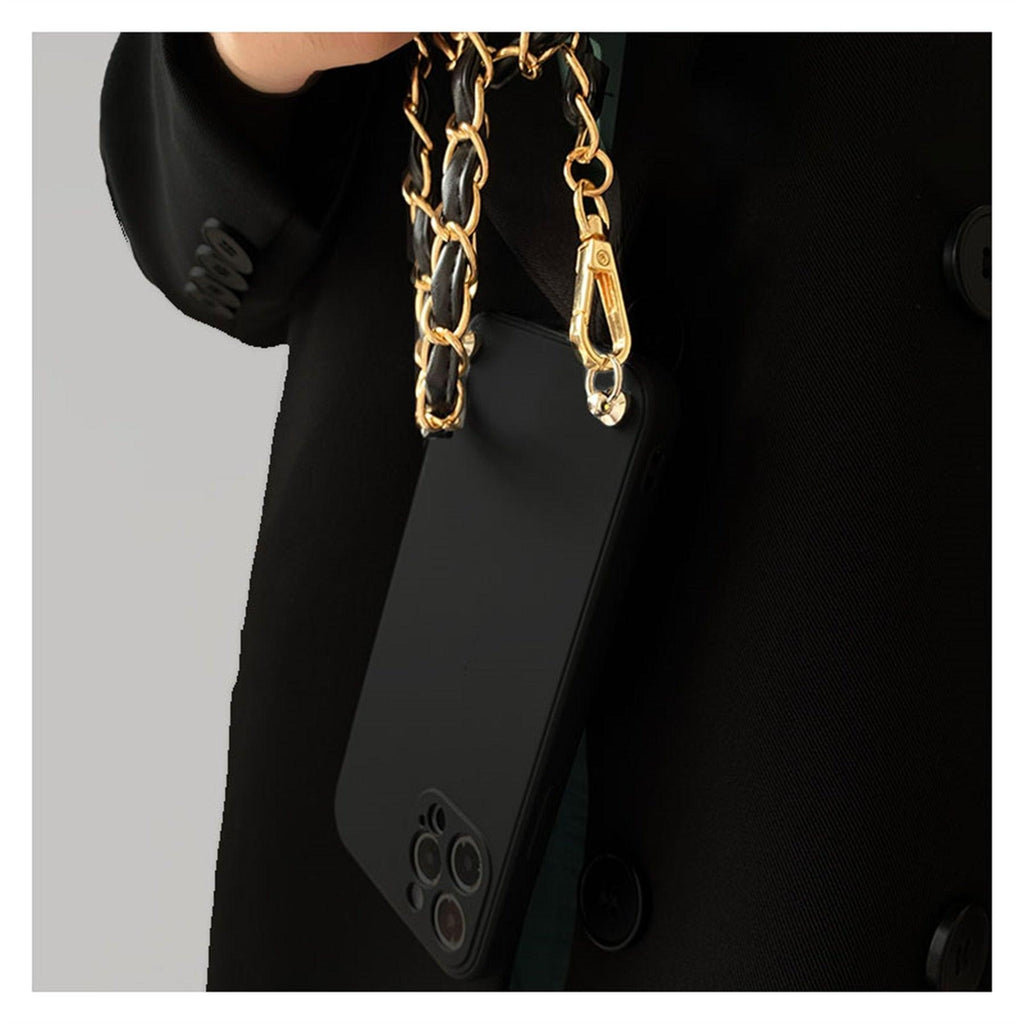 Coque de téléphone collier bandoulière pour Xiaomi Redmi Note 11 10 9 Pro 11s 10s 9T Mi 11T 10T Bracelet en cuir avec chaîne Housse de protection Coque de téléphone bandoulière en cuir noir avec chaîne dorée Design unique Coque de téléphone en cuir