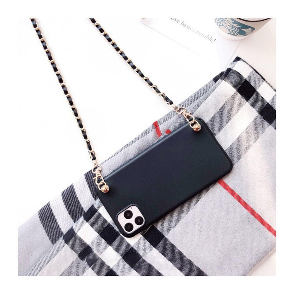 Coque de téléphone collier bandoulière pour Xiaomi Redmi Note 11 10 9 Pro 11s 10s 9T Mi 11T 10T Bracelet en cuir avec chaîne Housse de protection Coque de téléphone bandoulière en cuir noir avec chaîne dorée Design unique Coque de téléphone en cuir