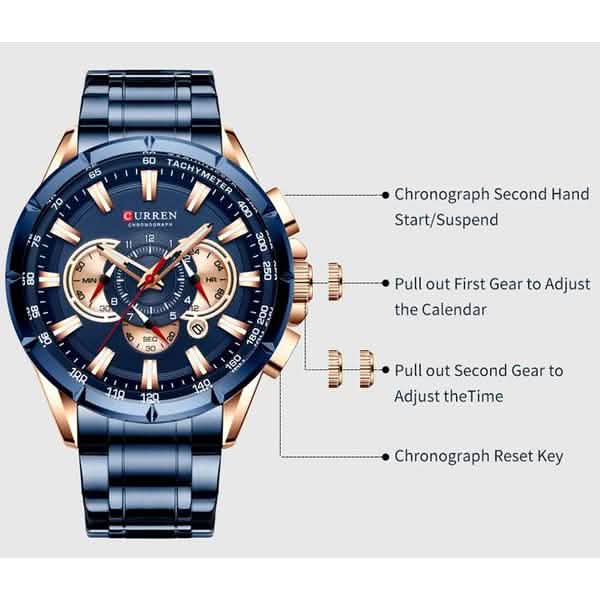CURREN Montre Homme Multifonction Chronographe Calendrier Quartz Étanche Tout Acier