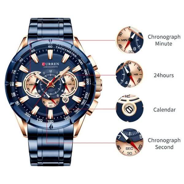 CURREN Montre Homme Multifonction Chronographe Calendrier Quartz Étanche Tout Acier