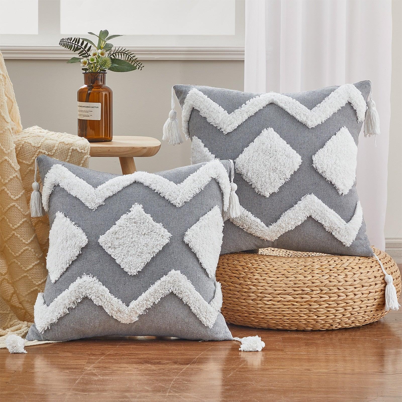 Housse de coussin en coton et lin, taie d'oreiller touffetée beige, housses de coussin décoratives tendance en coton tissé à la main, housses de coussin touffetées pour chambre à coucher et maison
