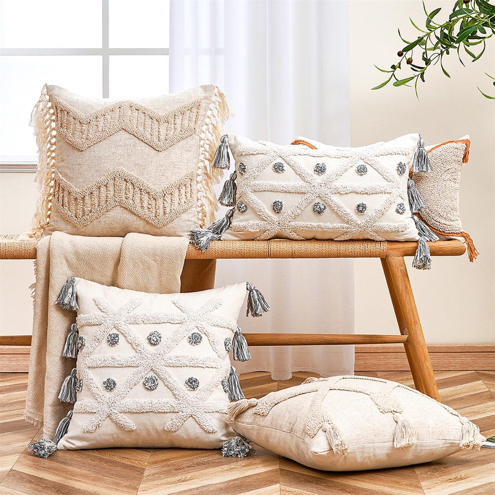 Housse de coussin en coton et lin, taie d'oreiller touffetée beige, housses de coussin décoratives tendance en coton tissé à la main, housses de coussin touffetées pour chambre à coucher et maison