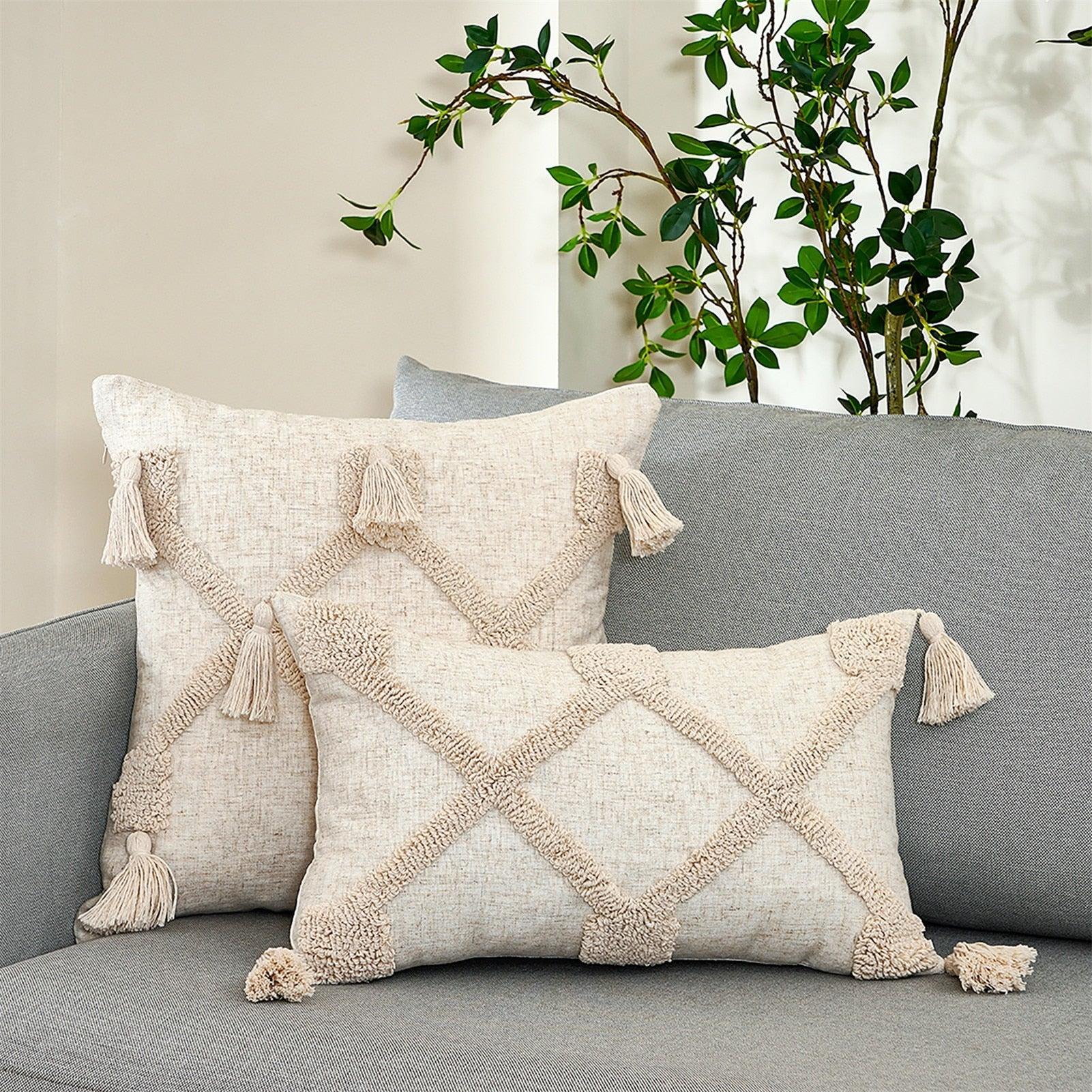 Housse de coussin en coton et lin, taie d'oreiller touffetée beige, housses de coussin décoratives tendance en coton tissé à la main, housses de coussin touffetées pour chambre à coucher et maison