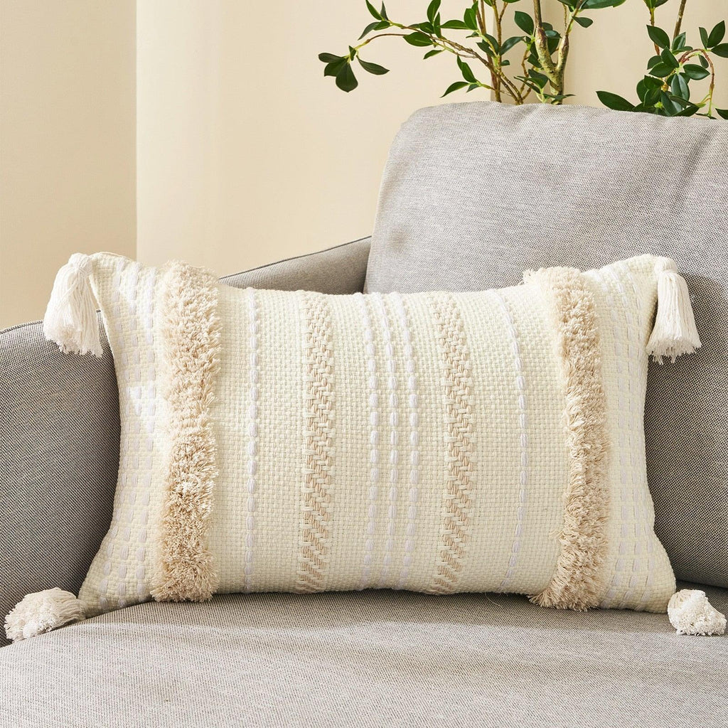 Housse de coussin en coton et lin, taie d'oreiller touffetée beige, housses de coussin décoratives tendance en coton tissé à la main, housses de coussin touffetées pour chambre à coucher et maison