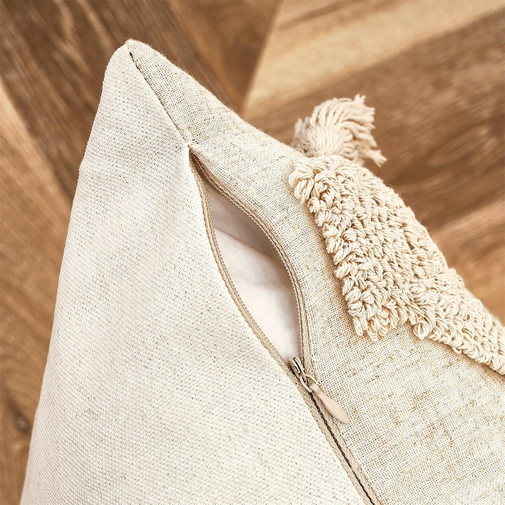 Housse de coussin en coton et lin, taie d'oreiller touffetée beige, housses de coussin décoratives tendance en coton tissé à la main, housses de coussin touffetées pour chambre à coucher et maison