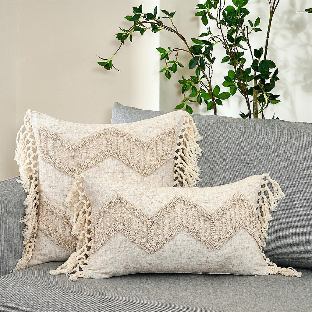 Housse de coussin en coton et lin, taie d'oreiller touffetée beige, housses de coussin décoratives tendance en coton tissé à la main, housses de coussin touffetées pour chambre à coucher et maison