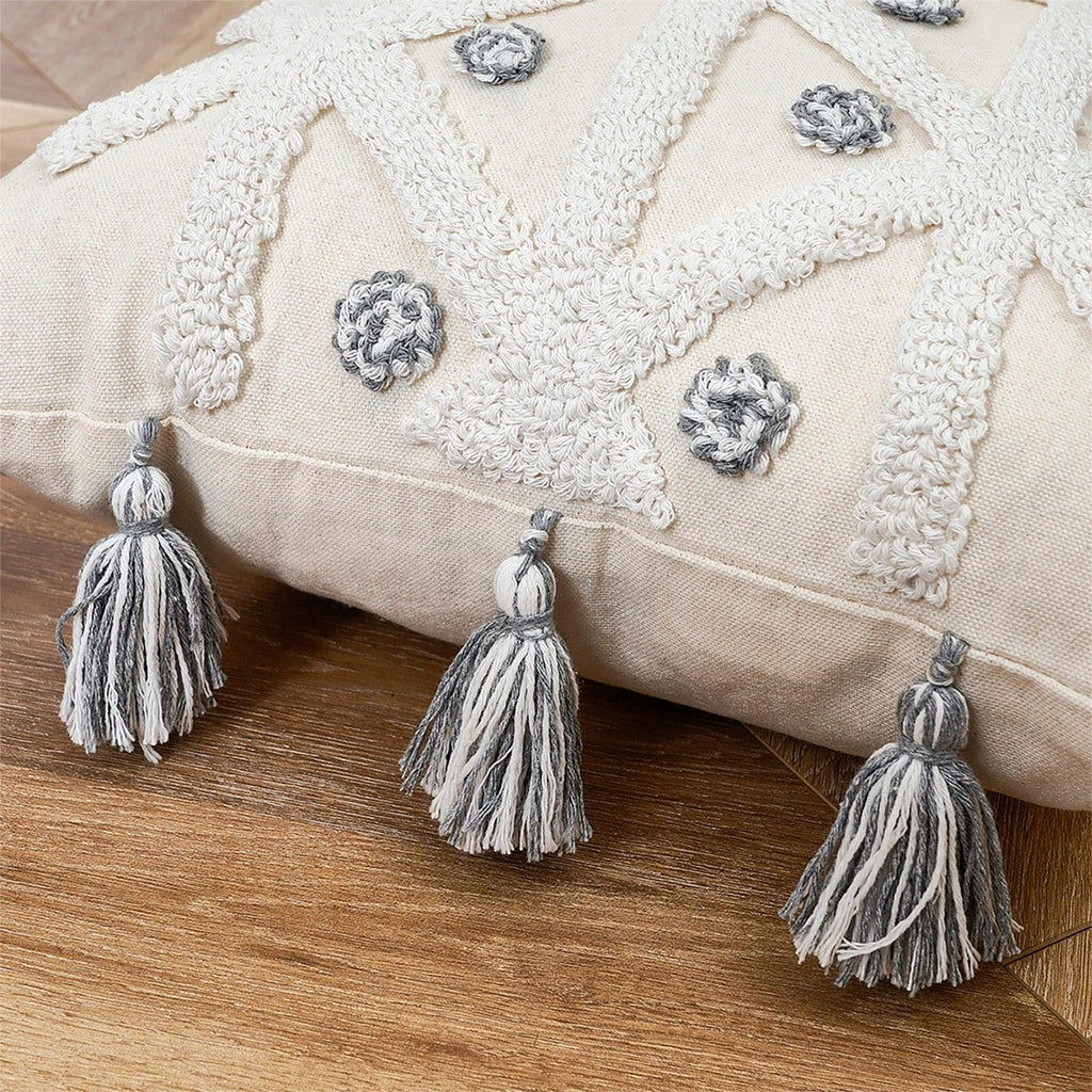 Housse de coussin en coton et lin, taie d'oreiller touffetée beige, housses de coussin décoratives tendance en coton tissé à la main, housses de coussin touffetées pour chambre à coucher et maison
