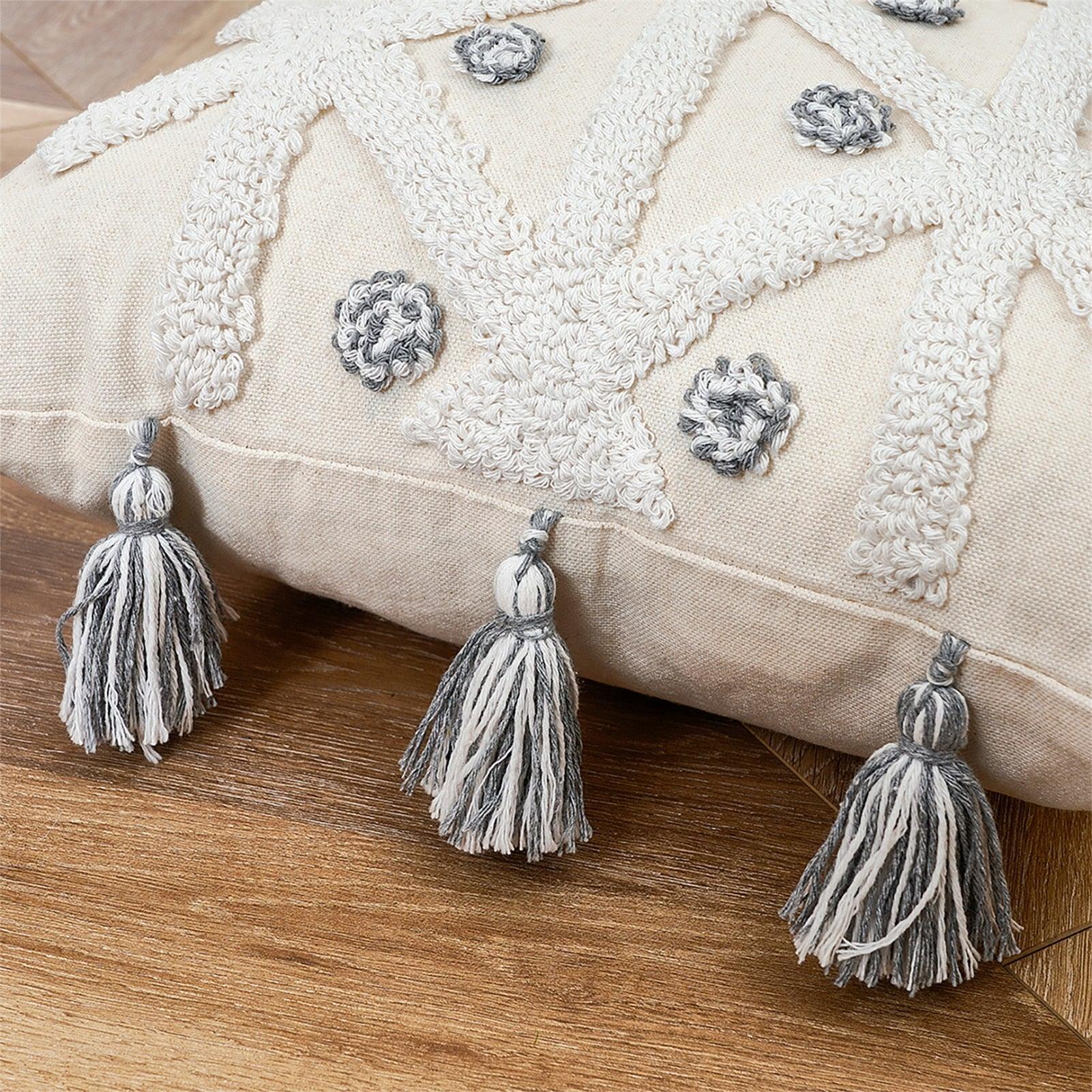 Housse de coussin en coton et lin, taie d'oreiller touffetée beige, housses de coussin décoratives tendance en coton tissé à la main, housses de coussin touffetées pour chambre à coucher et maison
