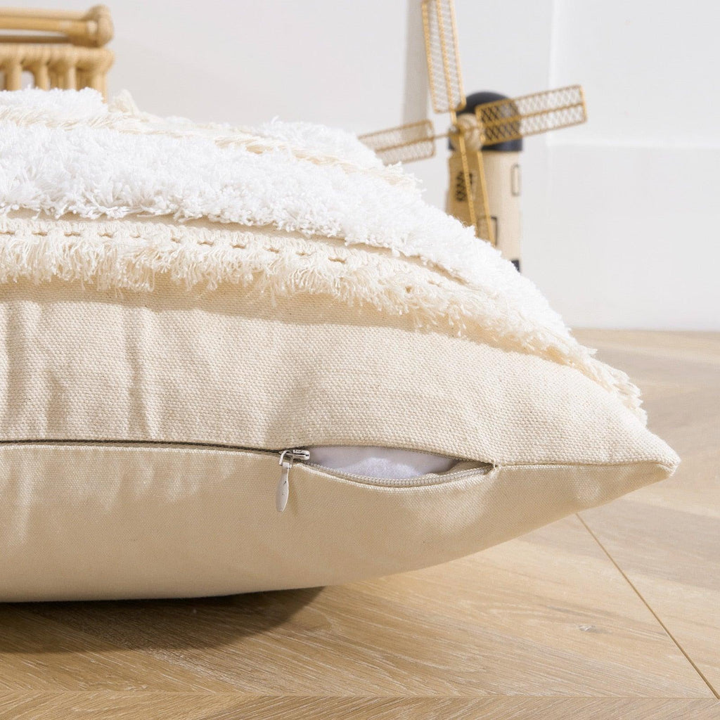 Housse de coussin en coton et lin, taie d'oreiller touffetée beige, housses de coussin décoratives tendance en coton tissé à la main, housses de coussin touffetées pour chambre à coucher et maison