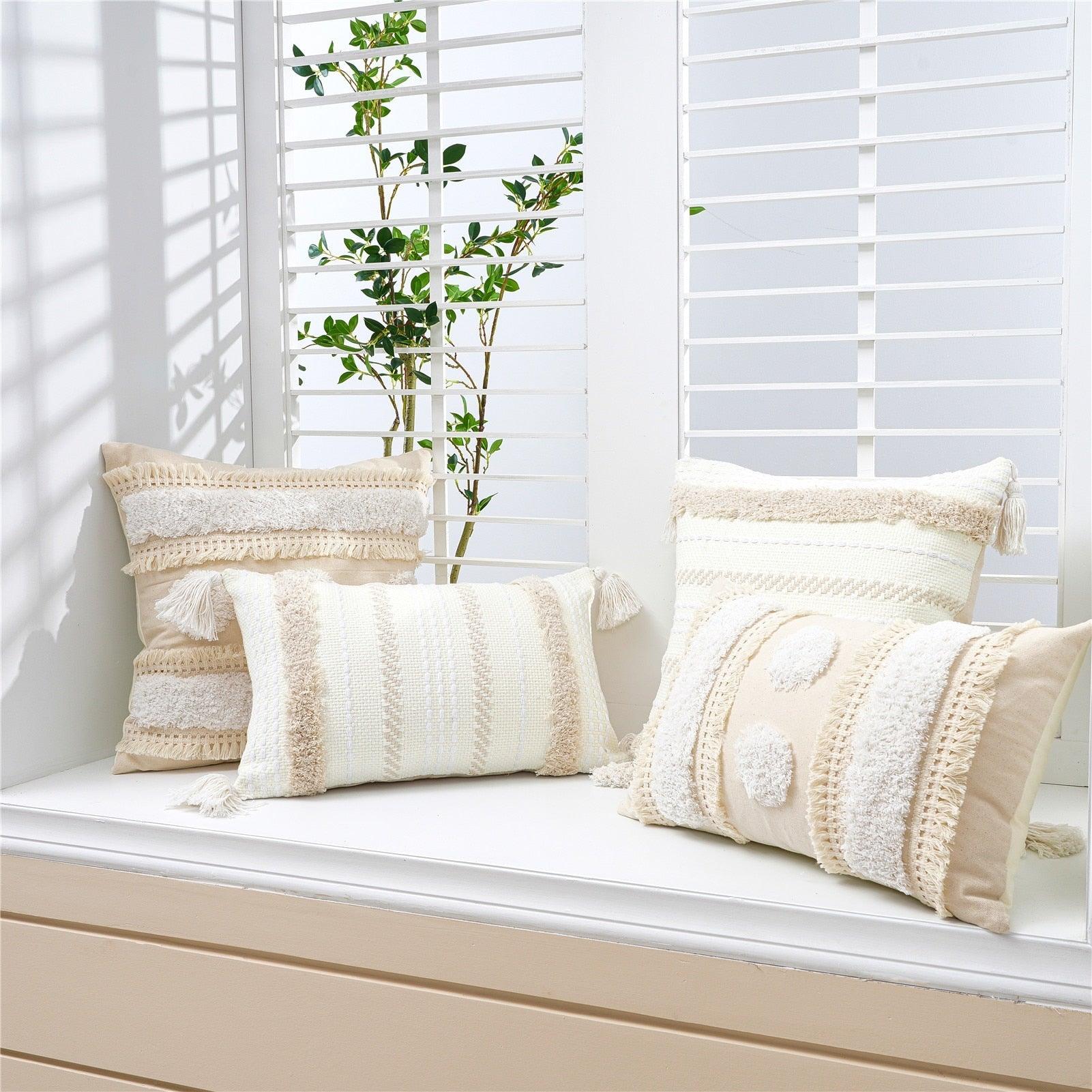 Housse de coussin en coton et lin, taie d'oreiller touffetée beige, housses de coussin décoratives tendance en coton tissé à la main, housses de coussin touffetées pour chambre à coucher et maison
