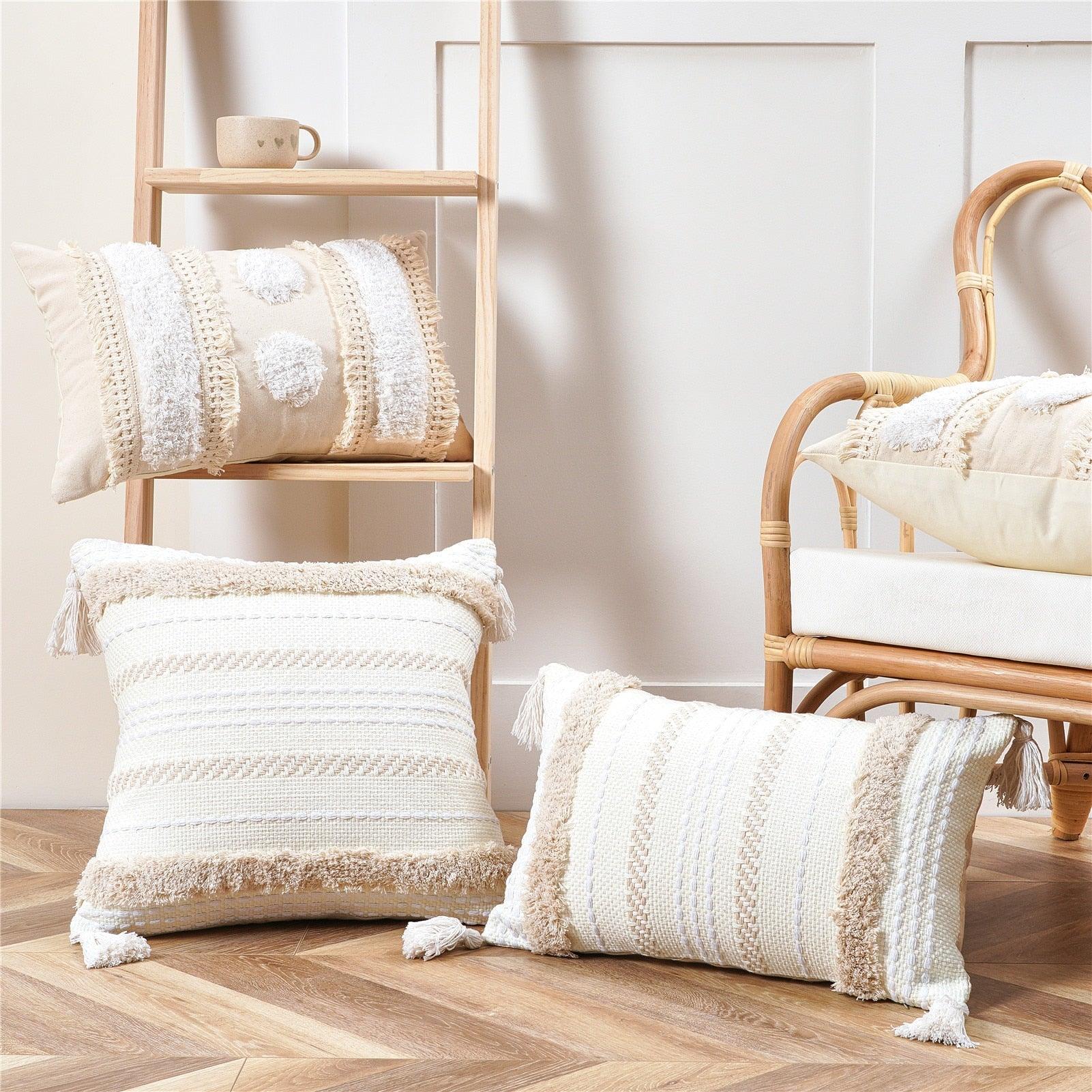 Housse de coussin en coton et lin, taie d'oreiller touffetée beige, housses de coussin décoratives tendance en coton tissé à la main, housses de coussin touffetées pour chambre à coucher et maison