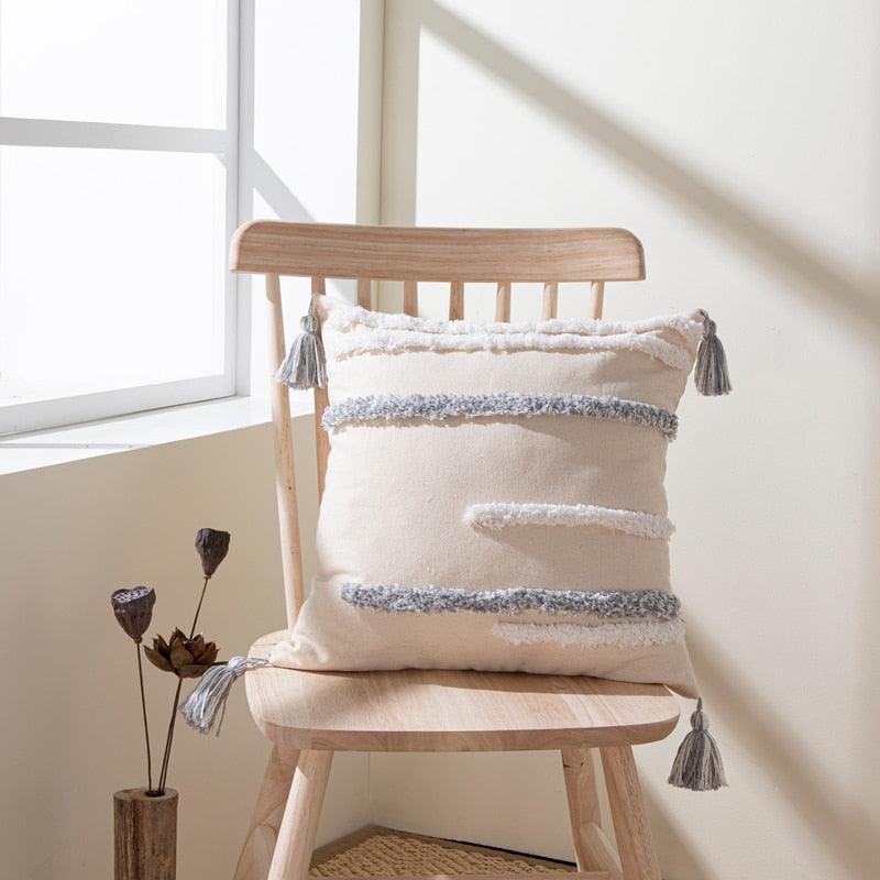 Housse de coussin en coton et lin, taie d'oreiller touffetée beige, housses de coussin décoratives tendance en coton tissé à la main, housses de coussin touffetées pour chambre à coucher et maison