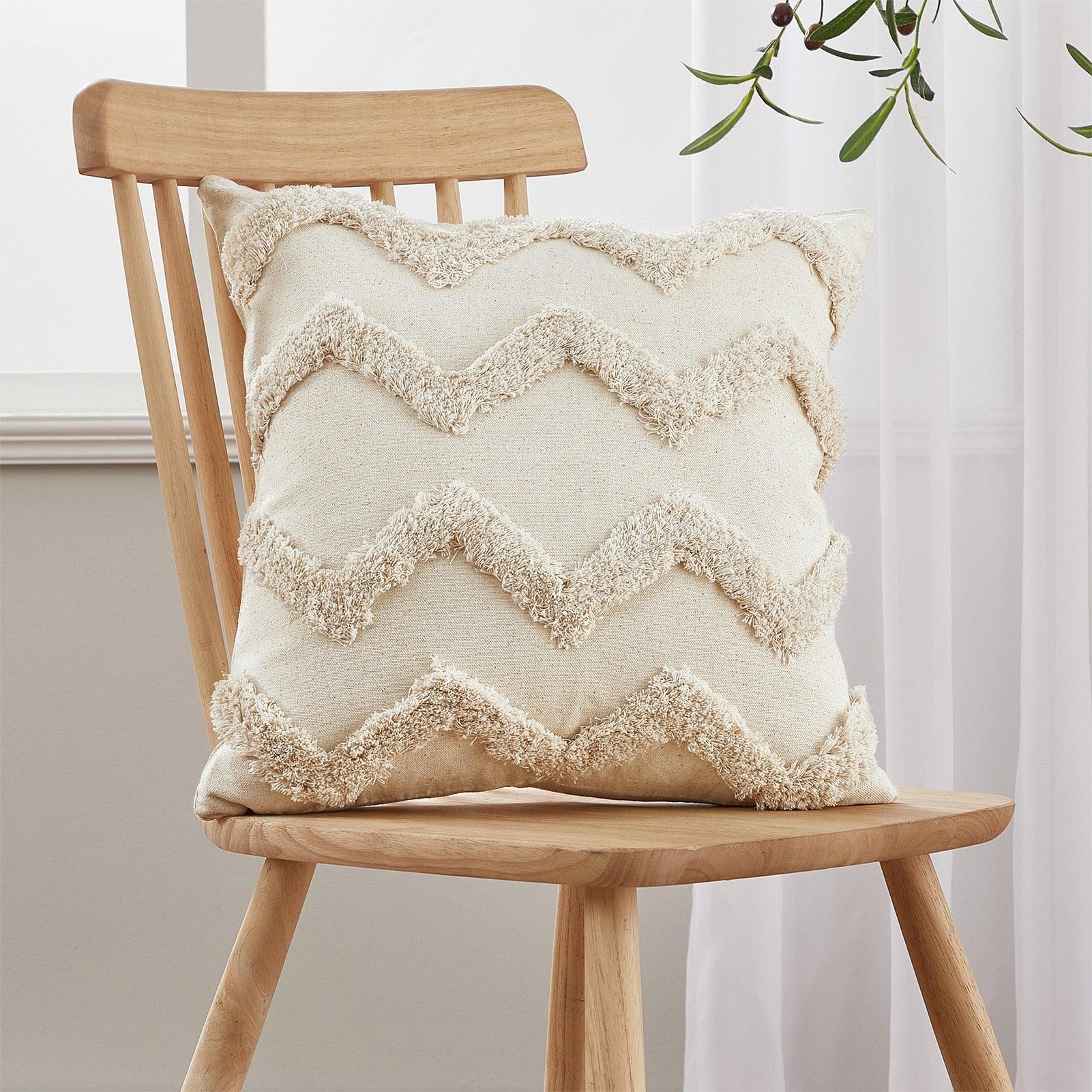 Housse de coussin en coton et lin, taie d'oreiller touffetée beige, housses de coussin décoratives tendance en coton tissé à la main, housses de coussin touffetées pour chambre à coucher et maison
