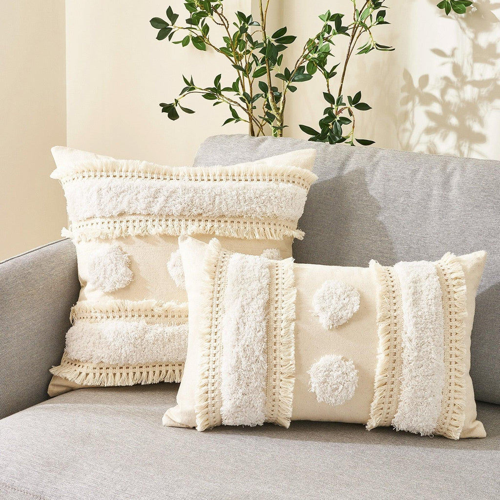 Housse de coussin en coton et lin, taie d'oreiller touffetée beige, housses de coussin décoratives tendance en coton tissé à la main, housses de coussin touffetées pour chambre à coucher et maison