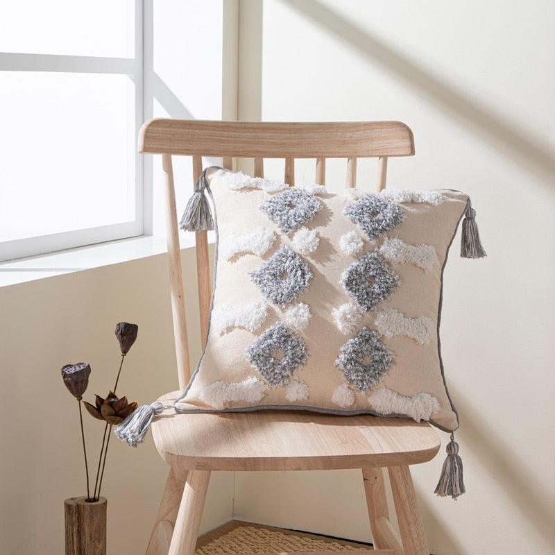 Housse de coussin en coton et lin, taie d'oreiller touffetée beige, housses de coussin décoratives tendance en coton tissé à la main, housses de coussin touffetées pour chambre à coucher et maison