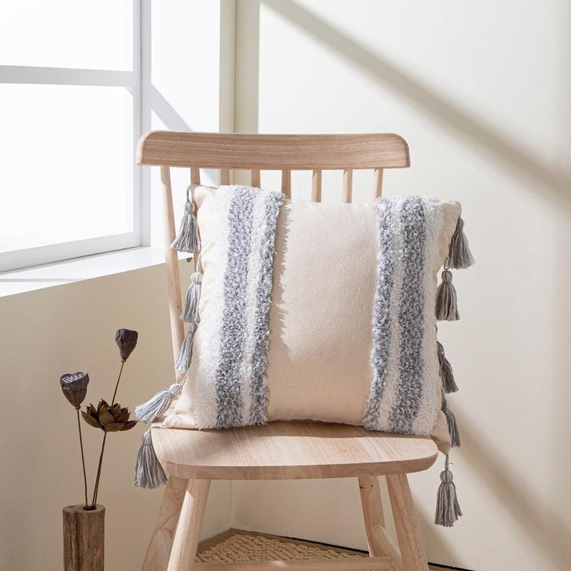 Housse de coussin en coton et lin, taie d'oreiller touffetée beige, housses de coussin décoratives tendance en coton tissé à la main, housses de coussin touffetées pour chambre à coucher et maison