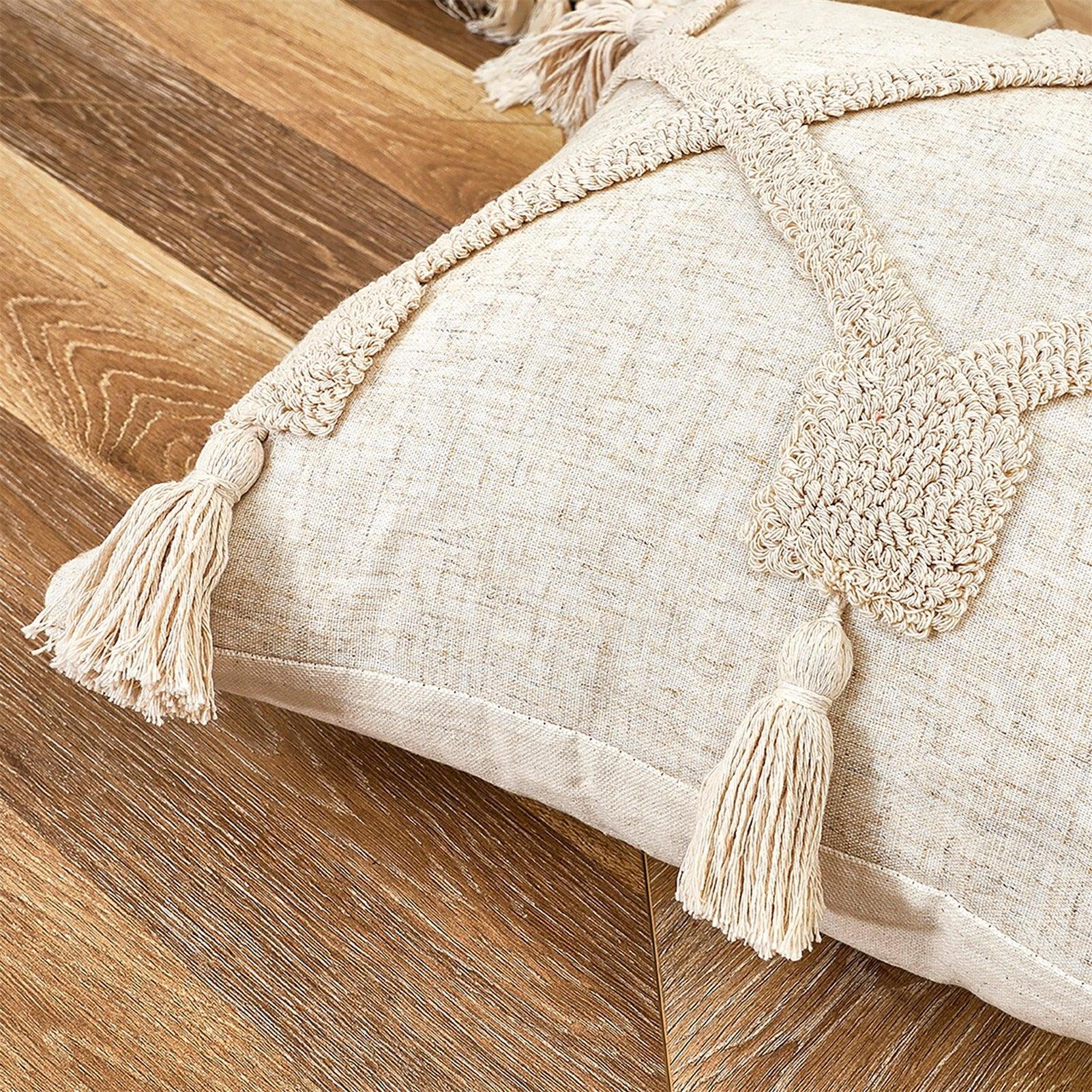 Housse de coussin en coton et lin, taie d'oreiller touffetée beige, housses de coussin décoratives tendance en coton tissé à la main, housses de coussin touffetées pour chambre à coucher et maison