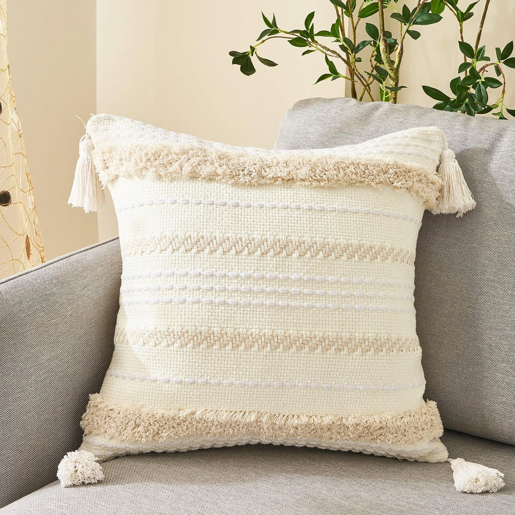 Housse de coussin en coton et lin, taie d'oreiller touffetée beige, housses de coussin décoratives tendance en coton tissé à la main, housses de coussin touffetées pour chambre à coucher et maison