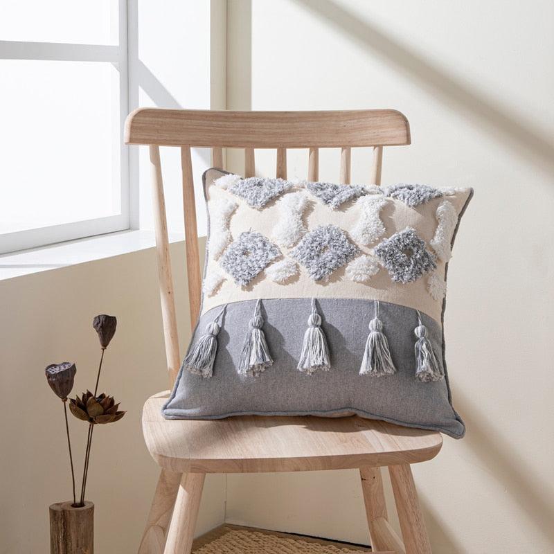 Housse de coussin en coton et lin, taie d'oreiller touffetée beige, housses de coussin décoratives tendance en coton tissé à la main, housses de coussin touffetées pour chambre à coucher et maison
