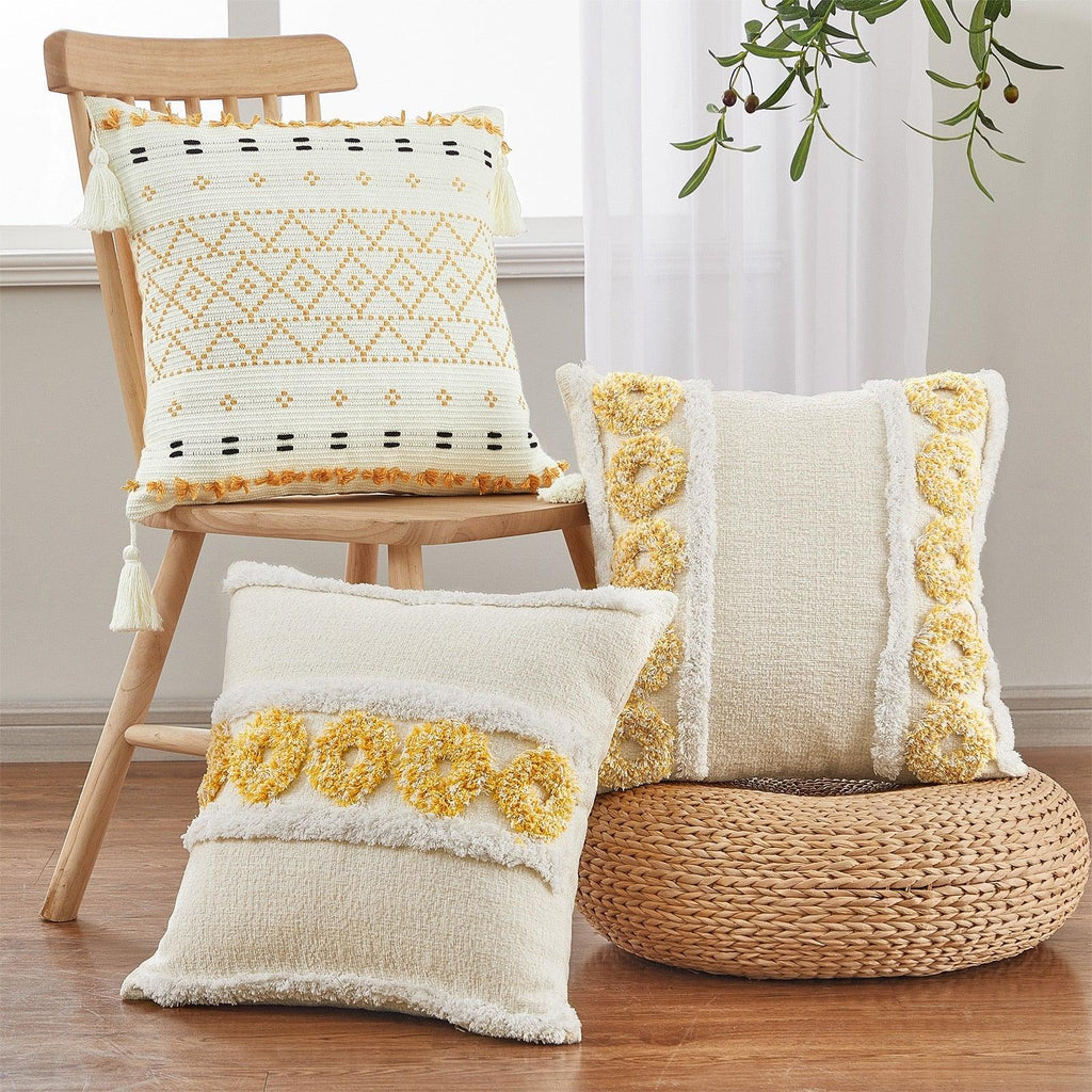 Housse de coussin en coton et lin, taie d'oreiller touffetée beige, housses de coussin décoratives tendance en coton tissé à la main, housses de coussin touffetées pour chambre à coucher et maison