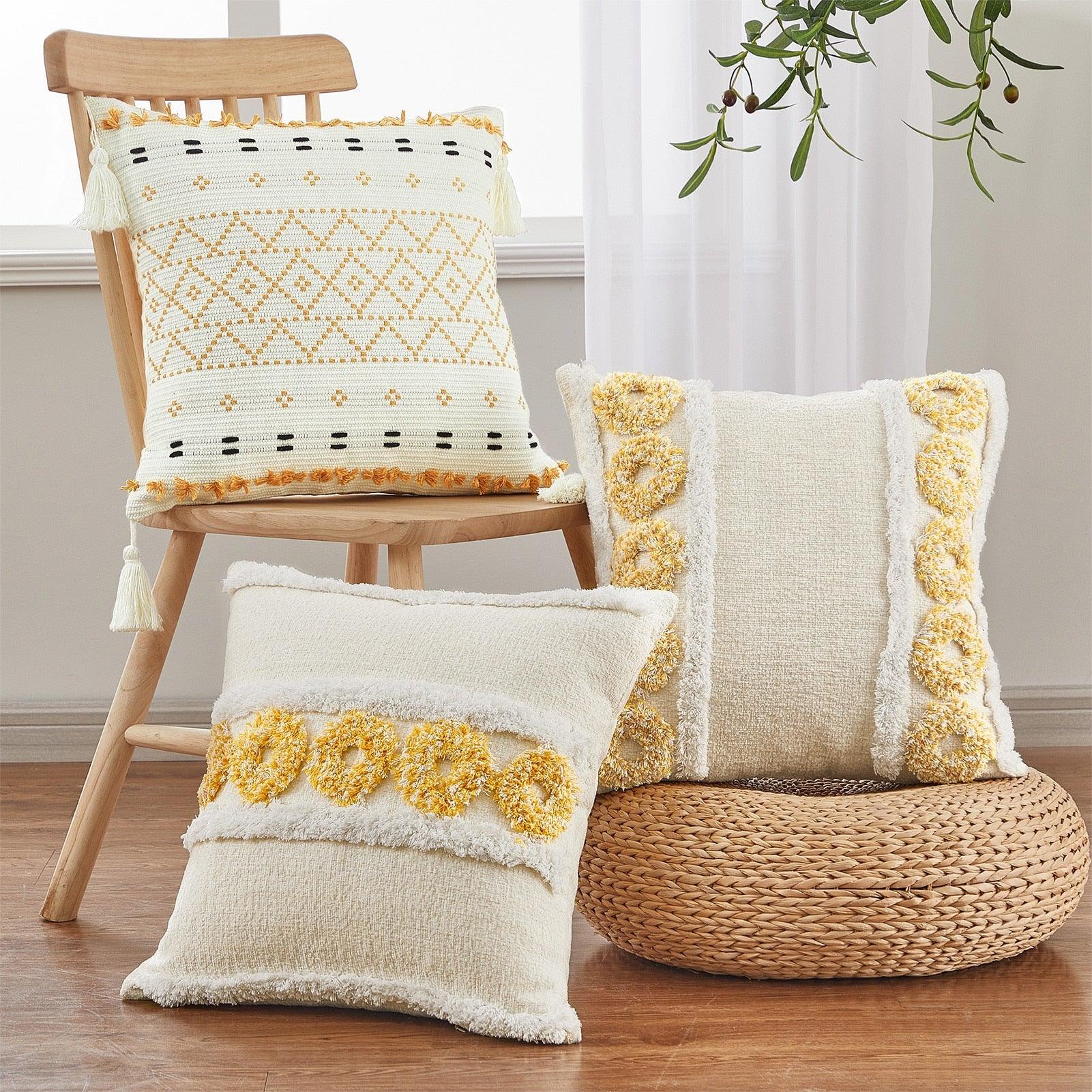 Housse de coussin en coton et lin, taie d'oreiller touffetée beige, housses de coussin décoratives tendance en coton tissé à la main, housses de coussin touffetées pour chambre à coucher et maison