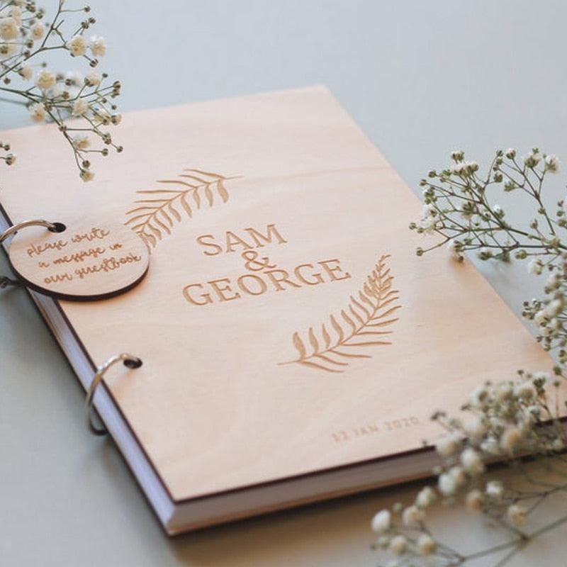 Livre d'or de mariage en bois de chêne classique gravé sur mesure, Décoration de mariage rustique, Album photo en papier, Album de scrapbooking en papier, Albums de scrapbooking pour bébé et famille, Cadeau d'anniversaire de famille pour couple