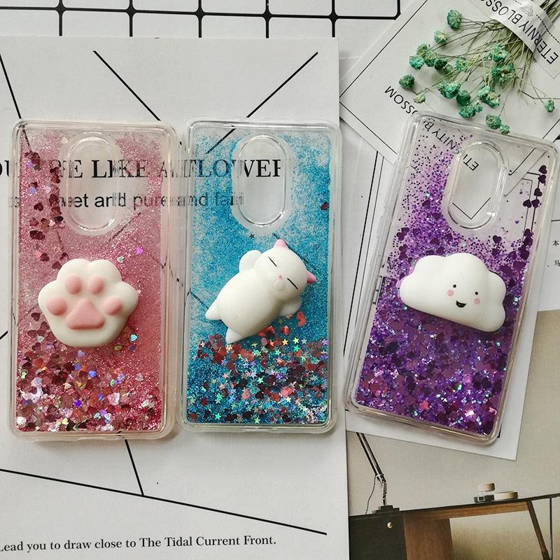 Jolie coque 3D Squishy Cat pour Xiaomi Redmi 5 plus 4X 8A 9A 9C 10T, étui de téléphone de luxe à paillettes pour Redmi Note 5 9 Pro 5A Prime, étui de protection arrière souple en silicone brillant 3D avec paillettes liquides scintillantes et fluides