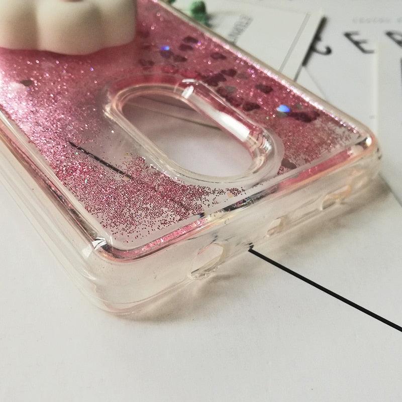 Jolie coque 3D Squishy Cat pour Xiaomi Redmi 5 plus 4X 8A 9A 9C 10T, étui de téléphone de luxe à paillettes pour Redmi Note 5 9 Pro 5A Prime, étui de protection arrière souple en silicone brillant 3D avec paillettes liquides scintillantes et fluides