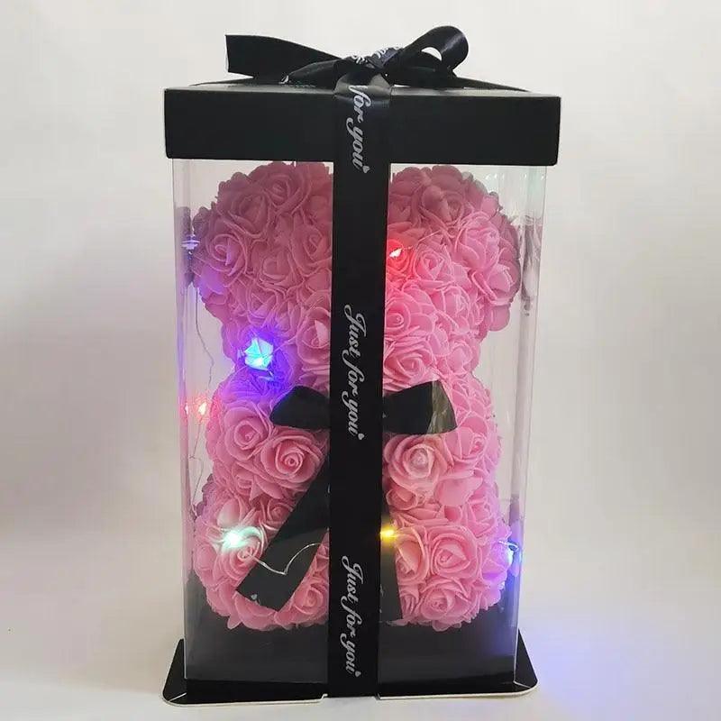 Coffret cadeau d'ours en peluche avec roses artificielles mignonnes pour la décoration intérieure - Cadeaux de Noël, de Saint-Valentin et de mariage