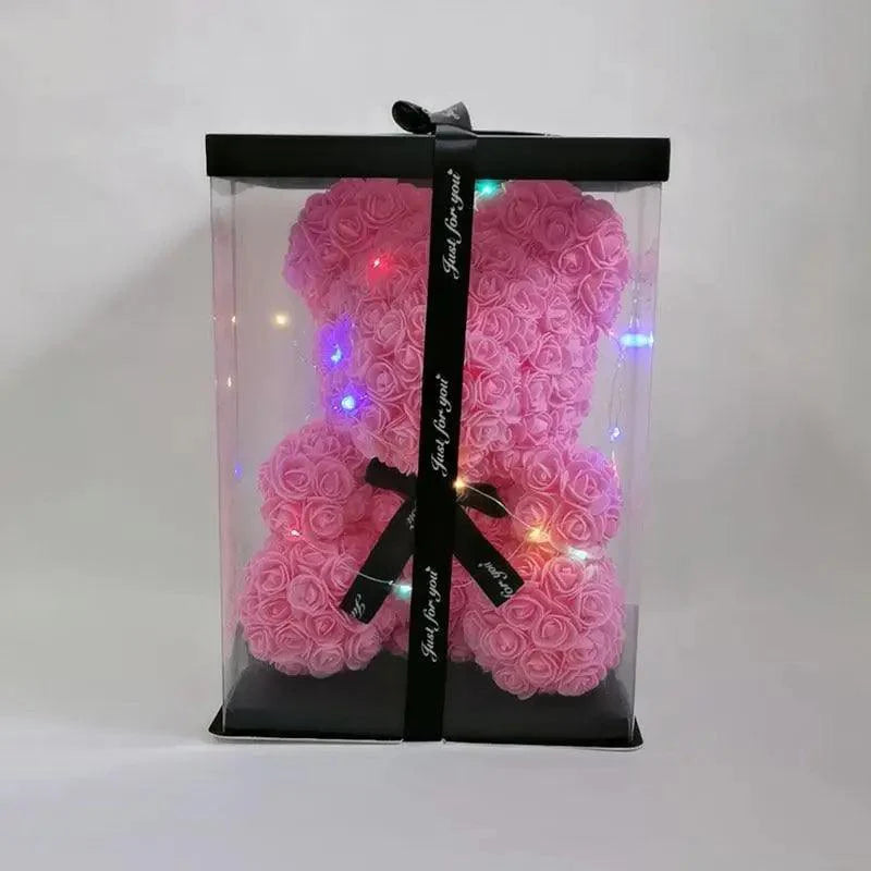 Coffret cadeau d'ours en peluche avec roses artificielles mignonnes pour la décoration intérieure - Cadeaux de Noël, de Saint-Valentin et de mariage