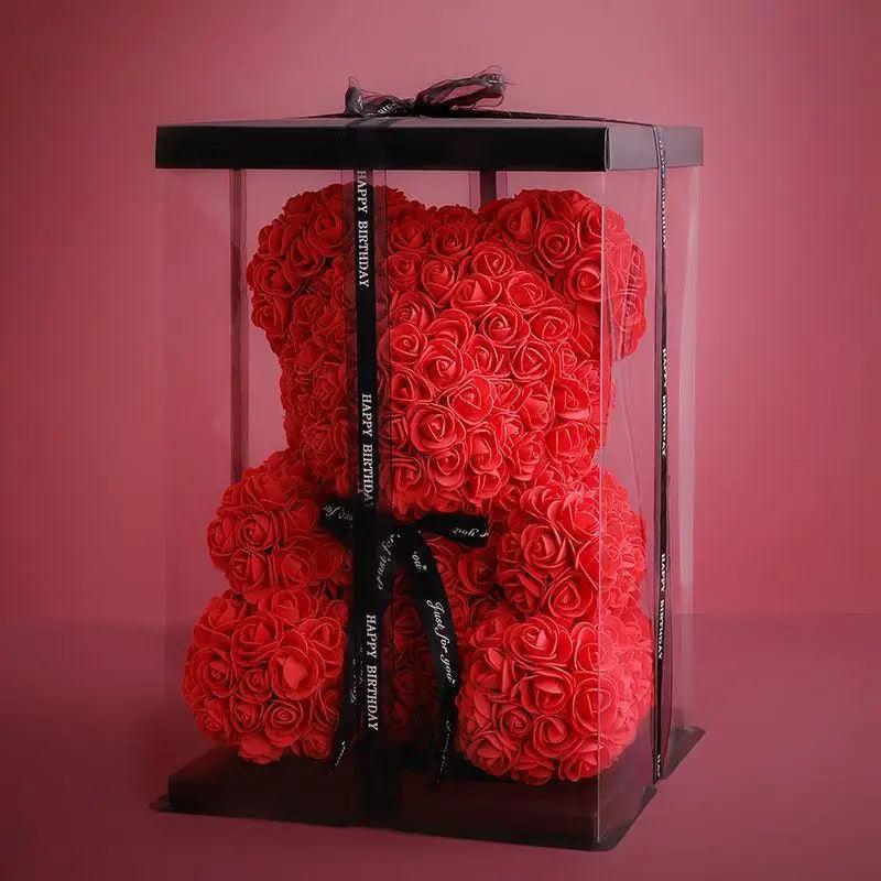 Coffret cadeau d'ours en peluche avec roses artificielles mignonnes pour la décoration intérieure - Cadeaux de Noël, de Saint-Valentin et de mariage