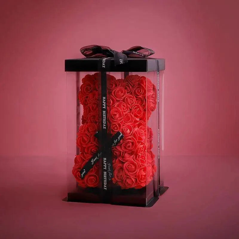 Coffret cadeau d'ours en peluche avec roses artificielles mignonnes pour la décoration intérieure - Cadeaux de Noël, de Saint-Valentin et de mariage