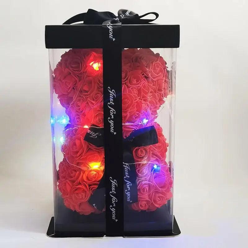 Coffret cadeau d'ours en peluche avec roses artificielles mignonnes pour la décoration intérieure - Cadeaux de Noël, de Saint-Valentin et de mariage