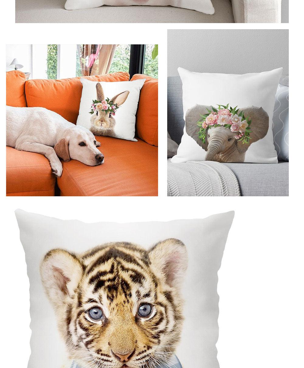 Housse de coussin en coton et lin avec motif d'adorables bébés animaux pour canapé, housses de coussin avec animaux (tigre, lapin, cheval, mouton, ours) avec des fleurs sur la tête, housses de coussin décoratives en velours 45X45CM