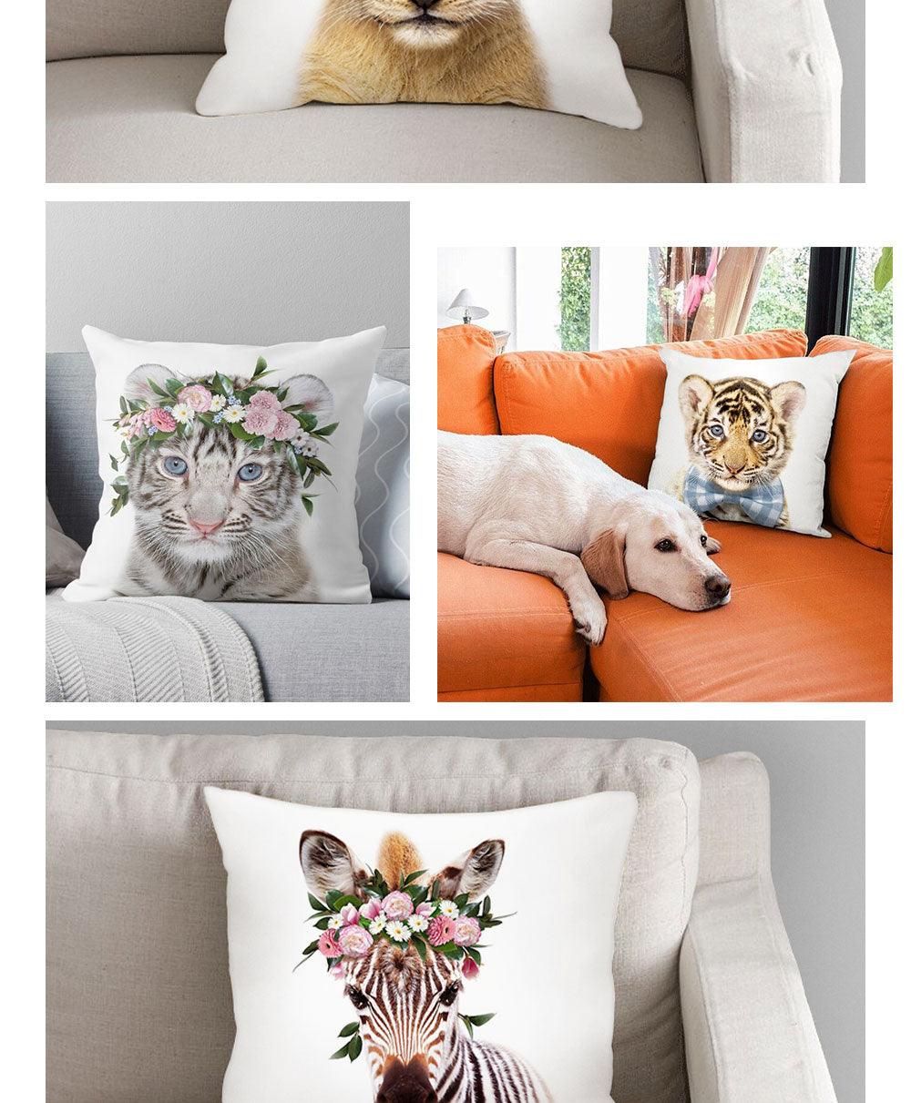 Housse de coussin en coton et lin avec motif d'adorables bébés animaux pour canapé, housses de coussin avec animaux (tigre, lapin, cheval, mouton, ours) avec des fleurs sur la tête, housses de coussin décoratives en velours 45X45CM