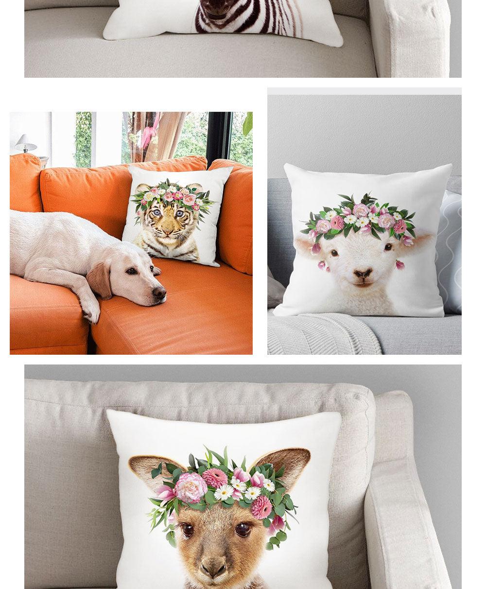 Housse de coussin en coton et lin avec motif d'adorables bébés animaux pour canapé, housses de coussin avec animaux (tigre, lapin, cheval, mouton, ours) avec des fleurs sur la tête, housses de coussin décoratives en velours 45X45CM
