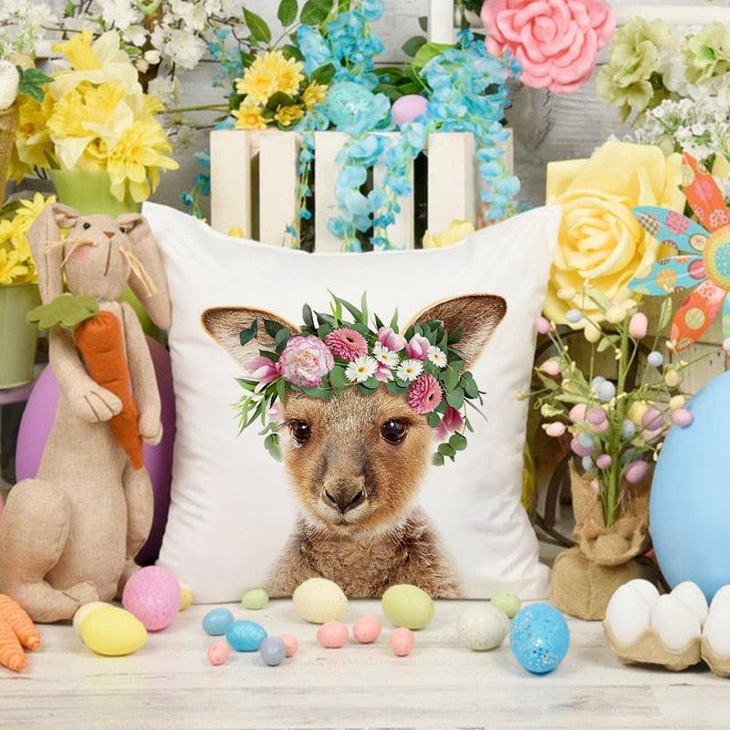 Housse de coussin en coton et lin avec motif d'adorables bébés animaux pour canapé, housses de coussin avec animaux (tigre, lapin, cheval, mouton, ours) avec des fleurs sur la tête, housses de coussin décoratives en velours 45X45CM