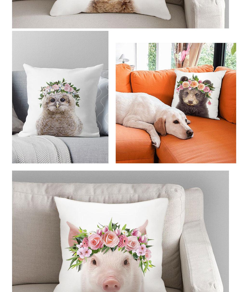 Housse de coussin en coton et lin avec motif d'adorables bébés animaux pour canapé, housses de coussin avec animaux (tigre, lapin, cheval, mouton, ours) avec des fleurs sur la tête, housses de coussin décoratives en velours 45X45CM